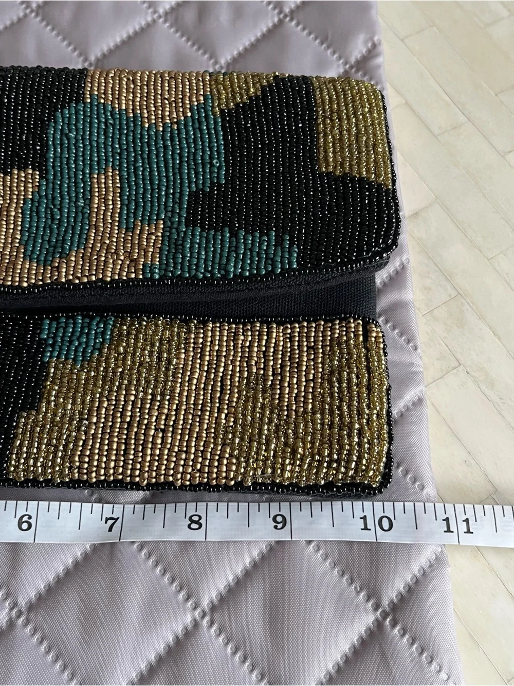 Francesca’s Gold, Black & Green Beaded Clutch with Gold Tone Chain Strap